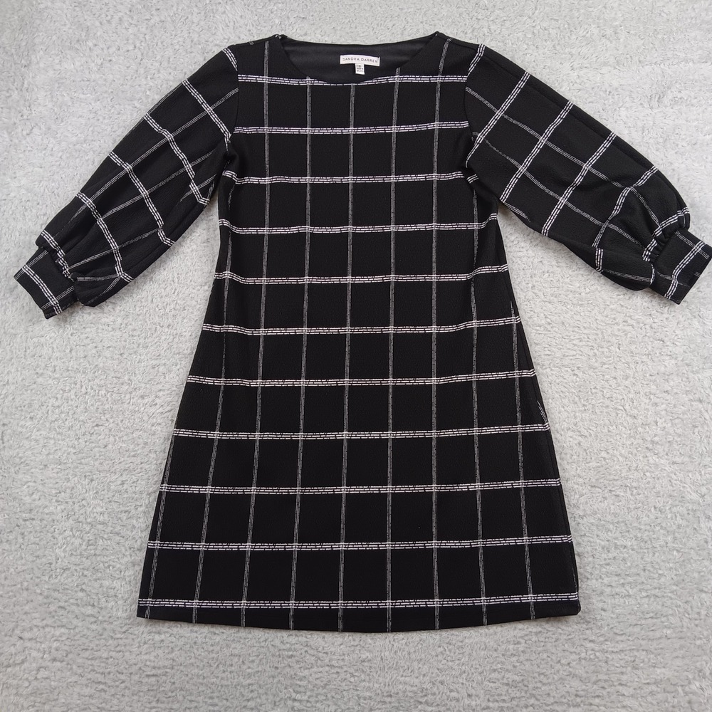 Sandra Darren Dress Shift Woman 8 Black Windowpane Balloon Sleeve 77614BK